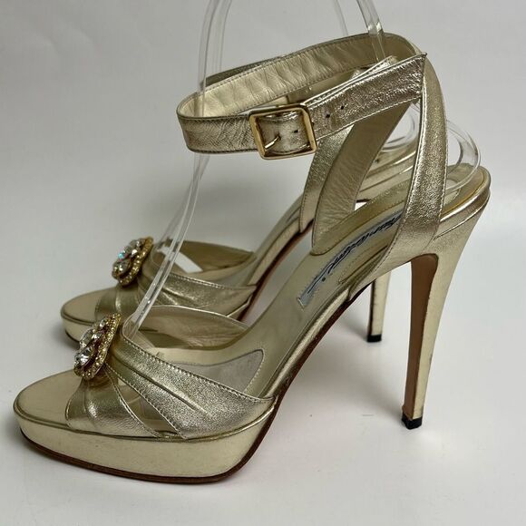 Brian Atwood Crystal Embellished High Heels Metallic Gold Ankle Strap Italy 38 8 - Picture 4 of 12